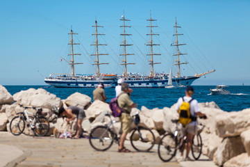 The world's largest sailing ship with five masts anchored in the open sea near old city Piran, Slovenia. © LuckyPhoto