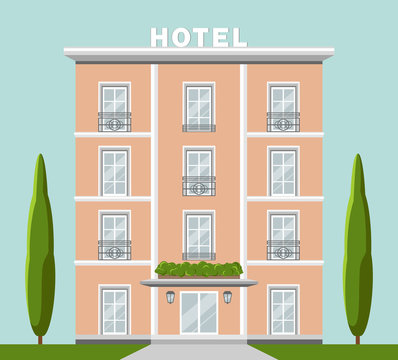Vector image illustration of hotel, reservation, porter, recreation, building. Flat design in very nice elegant colors, sky on background. French and italian style of architecture.