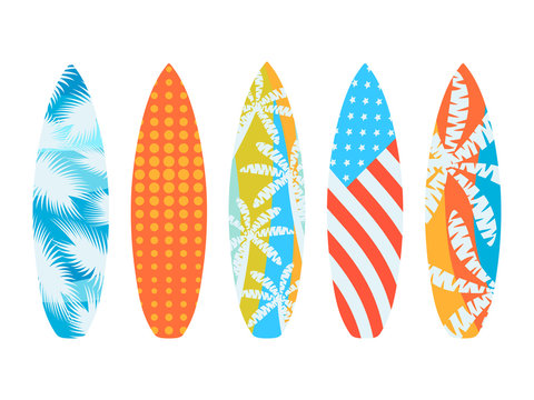 Surfboards on a white background. Types of surfboards with a pattern. Vector illustration