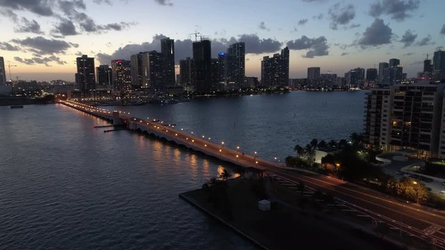 Venetian Causeway Bridge Night Lights Miami, Florida Downtown City Waterfront