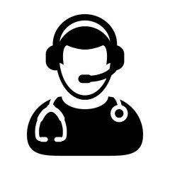 Doctor Icon Vector Symbol With Online Support Wearing Headphone For Contacting Physician Consultation Specialist Avatar In Glyph Pictogram illustration