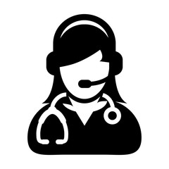 Woman Doctor Icon Vector Symbol With Online Support Wearing Headphone For Contacting Physician Consultation Specialist Avatar In Glyph Pictogram illustration