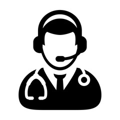 Doctor Icon Vector Symbol With Online Support Wearing Headphone For Contacting Physician Consultation Specialist Avatar In Glyph Pictogram illustration