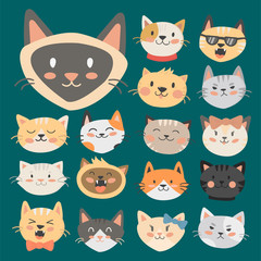 Cats heads vector illustration cute animal funny decorative characters feline domestic trendy pet drawn