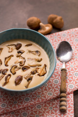 Cream Mushroom Soup in Bowl on Stone Background. Homemade Mushrooms Pottage Puree.