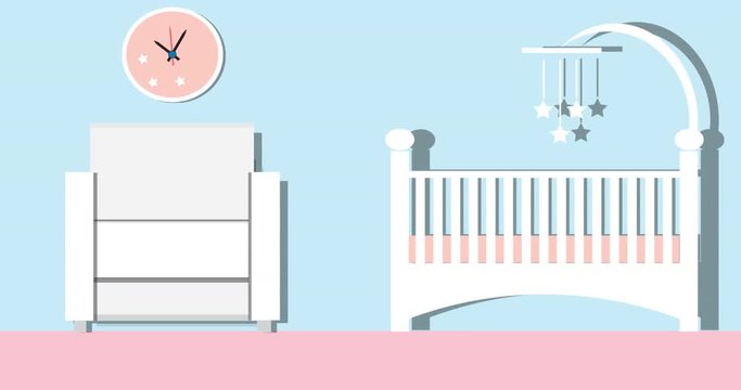 Baby room  cartoon animation. Nursery room interior with Mobile and furniture for baby sleeping. Animated Cartoon Video, 2D in 4K.