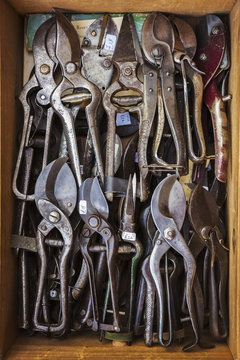 Overhead view of a box of old rusty worn metal shears, tin snips and pliers in a workshop.