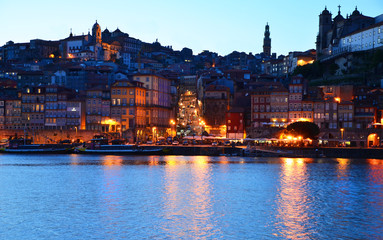 Porto, Portugal - 2nd May, 2017: Ribeira (old town) of Porto at night, seen from the other river side