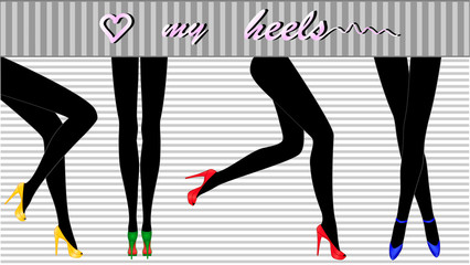set of silhouette of long female legs in colored high-heeled shoes on a grey striped background