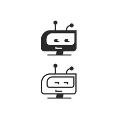 Robot head vector icon, chatbot idea or bot logo isolated, black and white flat cartoon line outline style