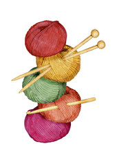 hand drawn watercolor tower of colorful balls of yarn with knitting needles and crochet hook on white background