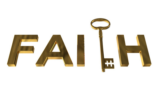 3D rendering of the golden key in faith letters