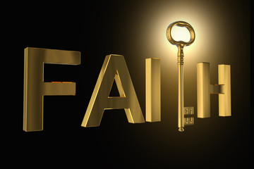 3D rendering of the golden key in faith letters
