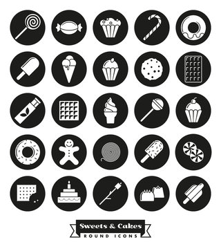 Sweets and cakes solid black round icon Set