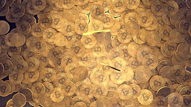 Two bitcoin physical coins falling onto large pile in slow motion. HD realistic render animation. Cryptocurrency concept