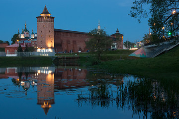 Marinkin Tower Of Kremlin. View From River Kolomenka In Kolomna, Moscow Region. In Blue Hour Of Evening.