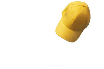 Yellow baseball cap isolated on white background. Mock up and copy space. Summer time.