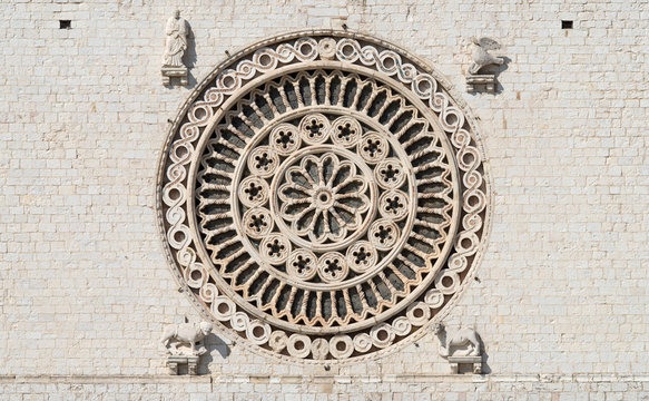 Close-up of a rose window, Basilica of St Francis, Assisi, Italy