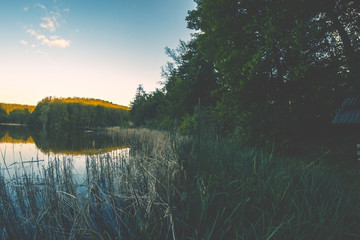 Pond in the evening landscape in the sunset of a summer day.