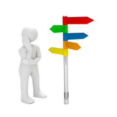 Weisses Männchen vor einem Wegweiser mit bunten Pfeilen