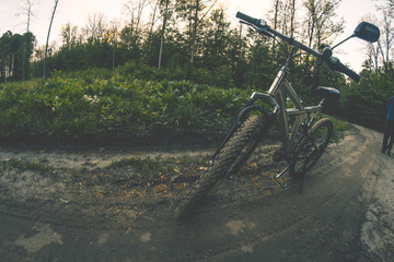 Obraz premium A sports bike on a dirt road in the summer evening forest.