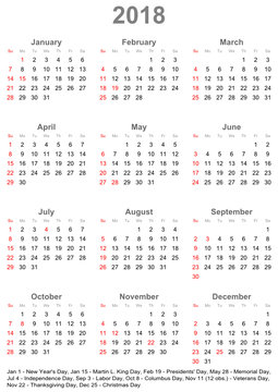 Einfacher Kalender 2018 mit gesetzlichen Feiertagen und Wochenstart Sonntag für die USA