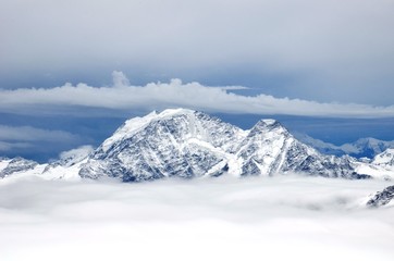 Fototapeta premium Mount Elbrus from the base camp in the fog
