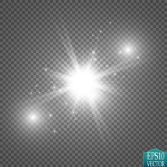 Glow light effect. Starburst with sparkles on transparent background. Vector illustration. Sun. Christmas flash. dust
