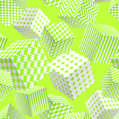 Abstract Seamless Pattern of White and Yellow Green Patterned Cubes. Modern Vector Background without Transparency.