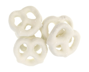 Several yogurt pretzels isolated on a white background.
