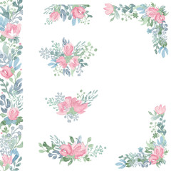 Watercolor flower arrangements and bouquets. Hand drawn design for wedding invitation, birthday cards and other decorations.