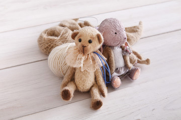 Cute handmade toys with wool close up