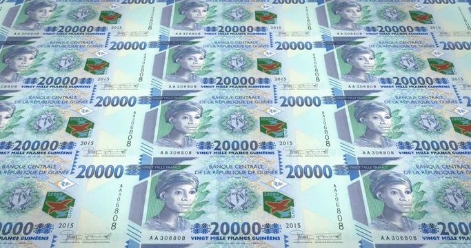 Banknotes of twenty thousand guinean francs rolling, cash money, loop