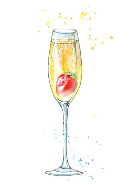 Strawberries and champagne. Picture of a alcoholic drink and berries. Watercolor hand drawn illustration.
