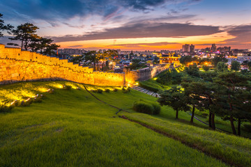 Korea Architecture Traditional landscape at Hwaseong Fortress in Sunset, Suwon, South Korea.