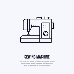 Sewing machine flat line icon, logo. Vector illustration of tailor supplies for hand made shop or dressmaking service.