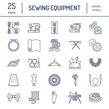 Sewing equipment, tailor supplies flat line icons set. Needlework accessories - sewing embroidery machine, pin, needle, thread, zipper, hanger and other DIY tools. Linear signs set, logos for hand