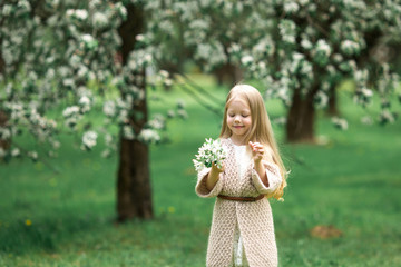 Little girl is walking in an apple garden