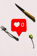 knife, fork and pepper on contemporary social network system, food concept theme