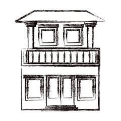 monochrome blurred silhouette of house with two floors and balcony vector illustration