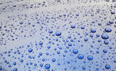 ワックスが効いたボンネットの上に雨の水滴