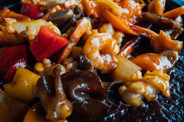 Shrimp with vegetables. Seafood dishes. Dish shrimp with vegetables