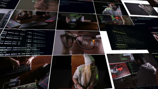 Hacker team working on a computer in dark. Multiscreen videowall. Cybercrime, cyber attack concept.