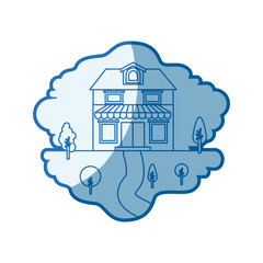 blue shading silhouette scene of natural landscape and house with two floors with attic and awning vector illustration