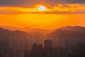 Sun rising over Hongkong city skyline