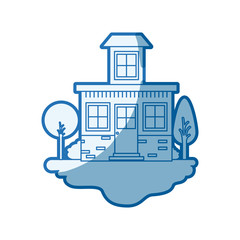 blue shading silhouette scene of outdoor landscape and house with small attic vector illustration