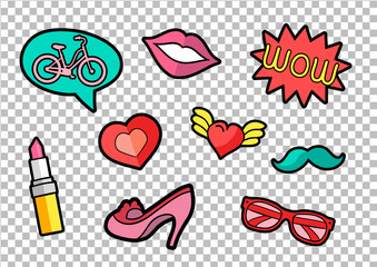 Vector colorful quirky patches set. Pin trendy decoration labels for denim and textile. Vintage hippie style badges.