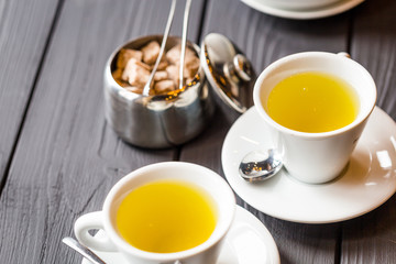Food and Drinks, Two Cups of Tea with Brown Sugar on Wooden Table, Horizontal View, Wallpaper