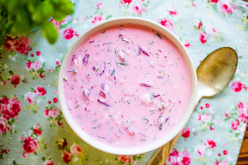 Cold Beet Soup with Egg, Horizontal Top View