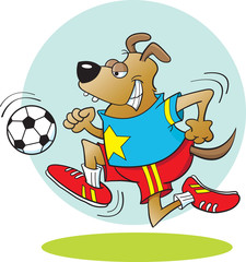 Cartoon illustration of a dog playing soccer.